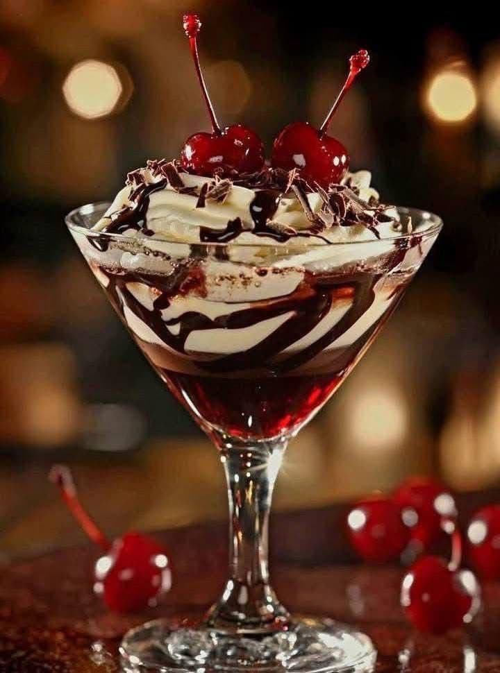 Schwarzwald Becher im Café Laren — Gemischtes Eis · Kirschen · Kirschlikör · Sahne · Schokostreusel
